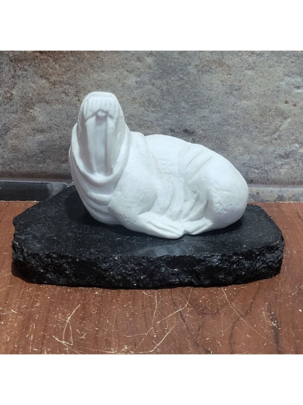 Signed Daga White Stone Walrus Sculpture Black Rock Base